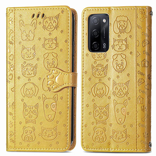 Leather Case Stands Fashionable Pattern Flip Cover Holder S03D for Oppo A53s 5G Yellow