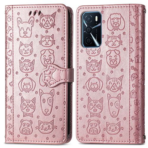 Leather Case Stands Fashionable Pattern Flip Cover Holder S03D for Oppo A54s Rose Gold