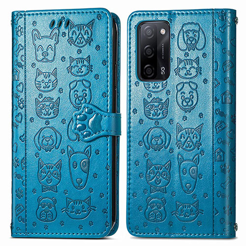 Leather Case Stands Fashionable Pattern Flip Cover Holder S03D for Oppo A55 5G Blue