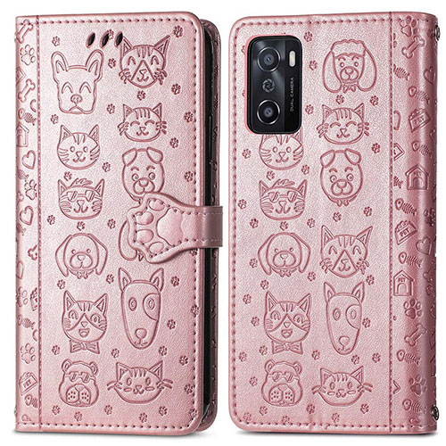 Leather Case Stands Fashionable Pattern Flip Cover Holder S03D for Oppo A55S 5G Rose Gold