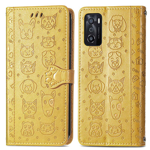 Leather Case Stands Fashionable Pattern Flip Cover Holder S03D for Oppo A55S 5G Yellow