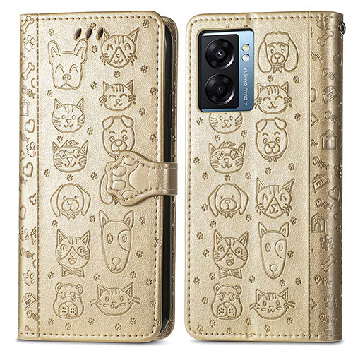 Leather Case Stands Fashionable Pattern Flip Cover Holder S03D for Oppo A77 5G Gold