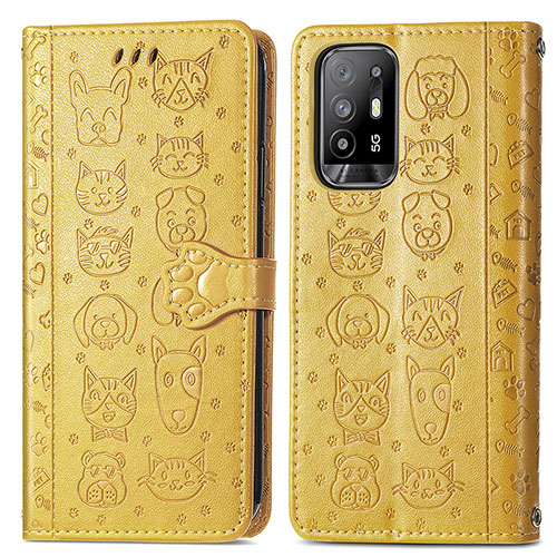 Leather Case Stands Fashionable Pattern Flip Cover Holder S03D for Oppo A94 5G Yellow