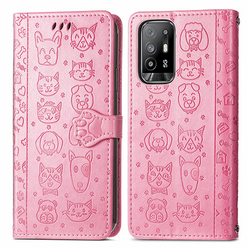 Leather Case Stands Fashionable Pattern Flip Cover Holder S03D for Oppo A95 5G Pink