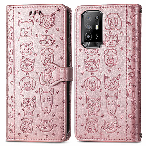 Leather Case Stands Fashionable Pattern Flip Cover Holder S03D for Oppo F19 Pro+ Plus 5G Rose Gold