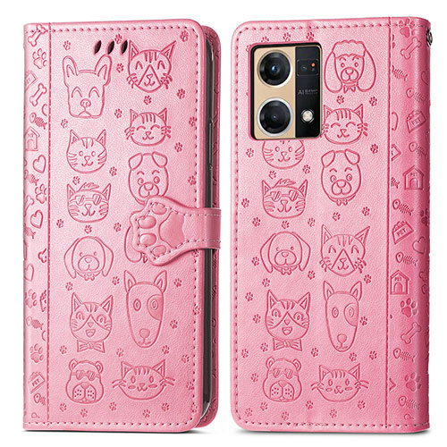 Leather Case Stands Fashionable Pattern Flip Cover Holder S03D for Oppo F21 Pro 4G Pink