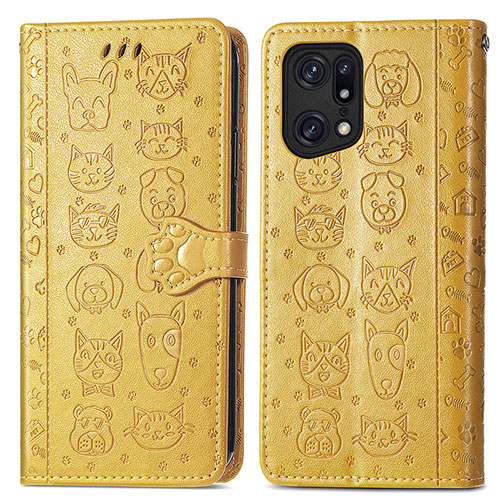 Leather Case Stands Fashionable Pattern Flip Cover Holder S03D for Oppo Find X5 Pro 5G Yellow