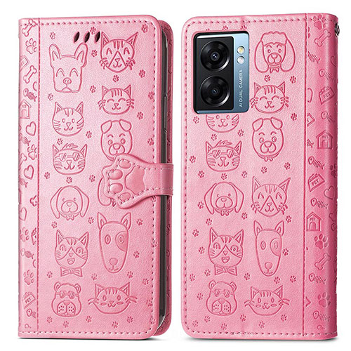 Leather Case Stands Fashionable Pattern Flip Cover Holder S03D for Oppo K10 5G India Pink