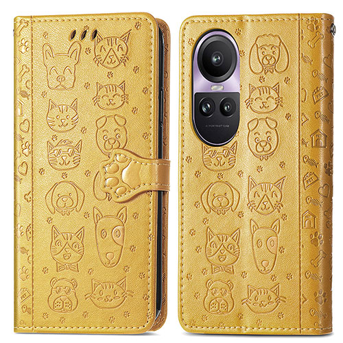 Leather Case Stands Fashionable Pattern Flip Cover Holder S03D for Oppo Reno10 5G Yellow