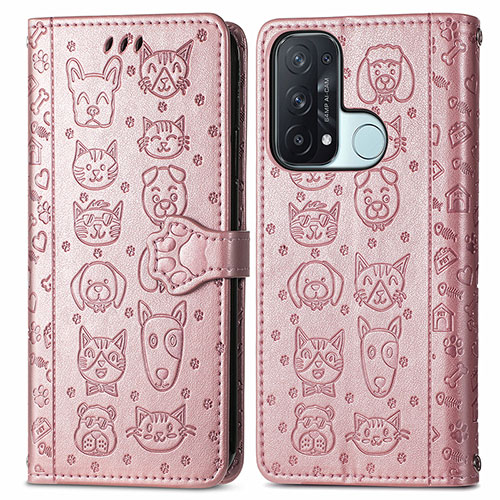 Leather Case Stands Fashionable Pattern Flip Cover Holder S03D for Oppo Reno5 A Rose Gold