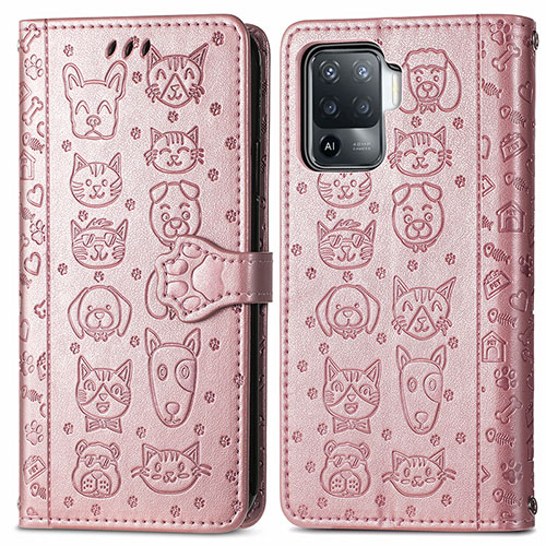 Leather Case Stands Fashionable Pattern Flip Cover Holder S03D for Oppo Reno5 F Rose Gold