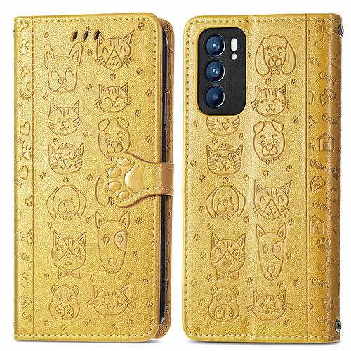 Leather Case Stands Fashionable Pattern Flip Cover Holder S03D for Oppo Reno6 5G Yellow