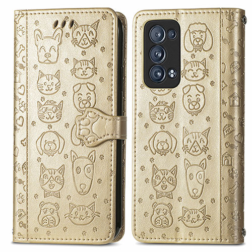 Leather Case Stands Fashionable Pattern Flip Cover Holder S03D for Oppo Reno6 Pro 5G Gold