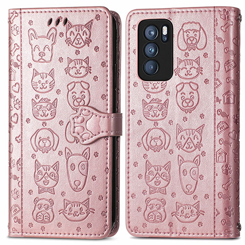 Leather Case Stands Fashionable Pattern Flip Cover Holder S03D for Oppo Reno6 Pro 5G India Rose Gold
