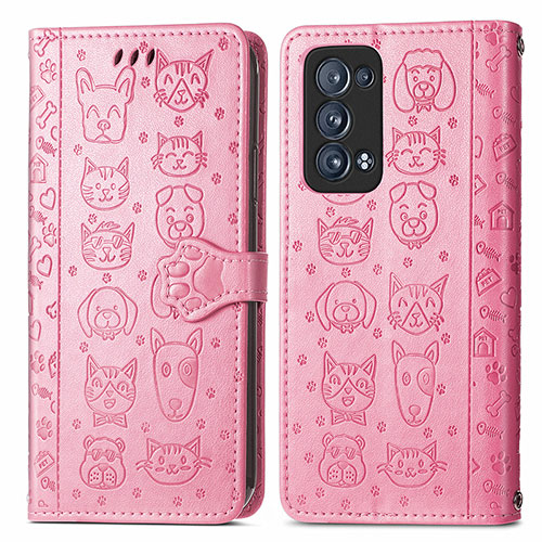 Leather Case Stands Fashionable Pattern Flip Cover Holder S03D for Oppo Reno6 Pro 5G Pink