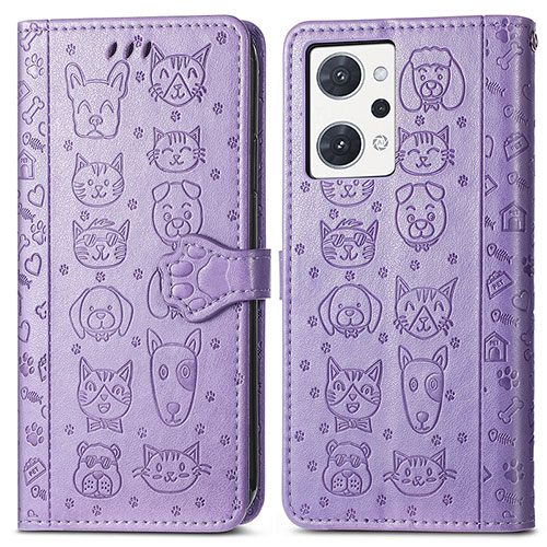 Leather Case Stands Fashionable Pattern Flip Cover Holder S03D for Oppo Reno7 A Purple