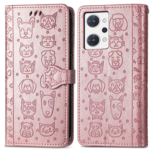 Leather Case Stands Fashionable Pattern Flip Cover Holder S03D for Oppo Reno7 A Rose Gold