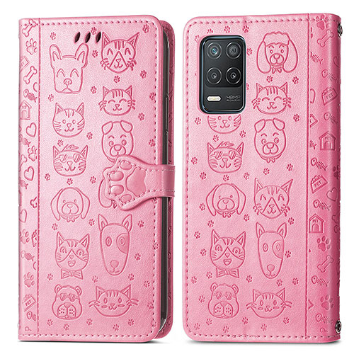 Leather Case Stands Fashionable Pattern Flip Cover Holder S03D for Realme 9 5G India Pink