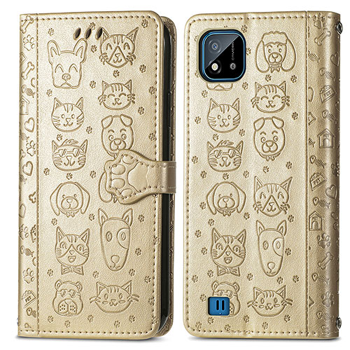 Leather Case Stands Fashionable Pattern Flip Cover Holder S03D for Realme C11 (2021) Gold