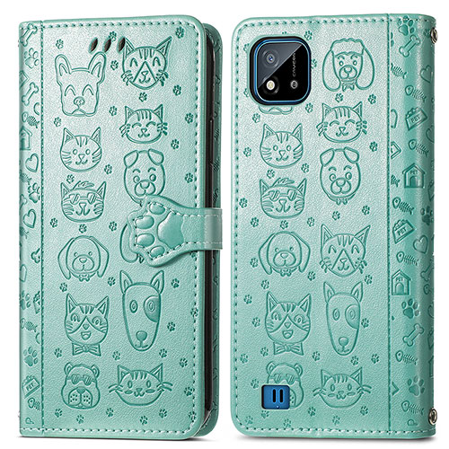 Leather Case Stands Fashionable Pattern Flip Cover Holder S03D for Realme C20 Green