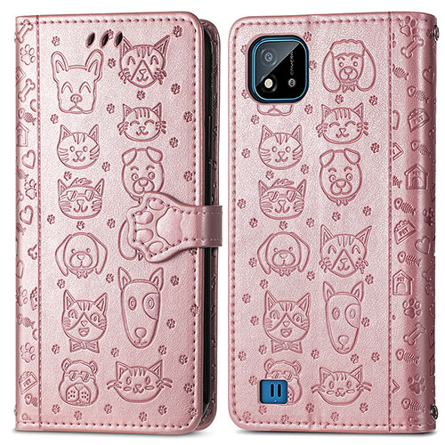 Leather Case Stands Fashionable Pattern Flip Cover Holder S03D for Realme C20 Rose Gold