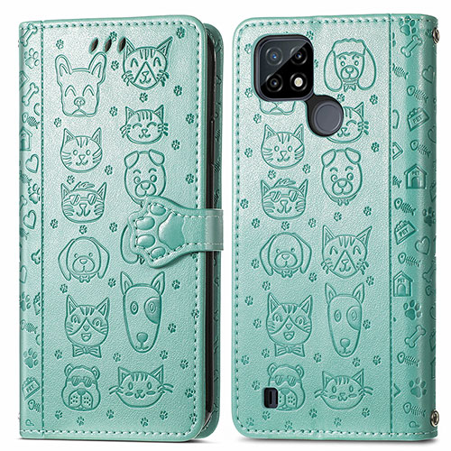 Leather Case Stands Fashionable Pattern Flip Cover Holder S03D for Realme C21 Green