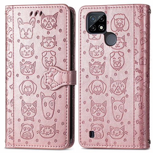 Leather Case Stands Fashionable Pattern Flip Cover Holder S03D for Realme C21 Rose Gold