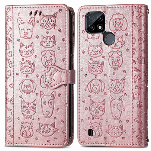 Leather Case Stands Fashionable Pattern Flip Cover Holder S03D for Realme C25Y India Rose Gold