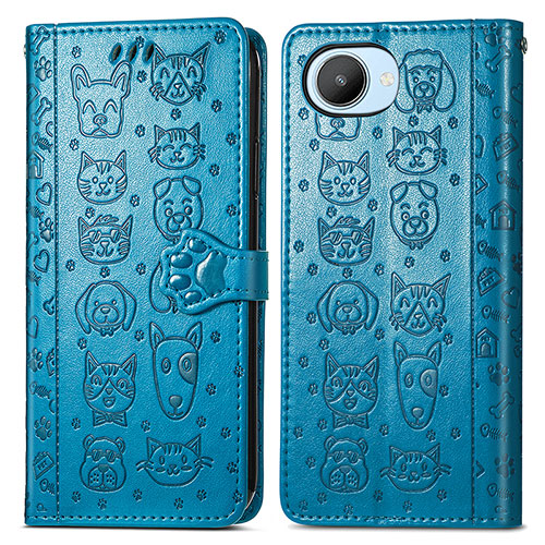 Leather Case Stands Fashionable Pattern Flip Cover Holder S03D for Realme C30 Blue