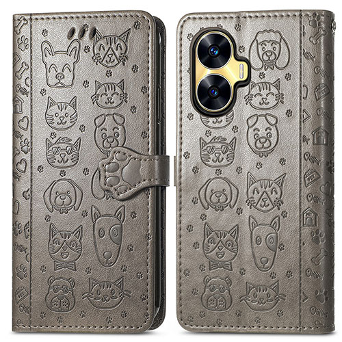 Leather Case Stands Fashionable Pattern Flip Cover Holder S03D for Realme C55 Gray