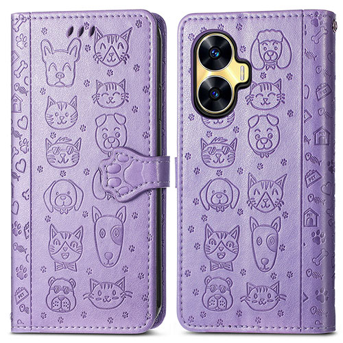 Leather Case Stands Fashionable Pattern Flip Cover Holder S03D for Realme C55 Purple