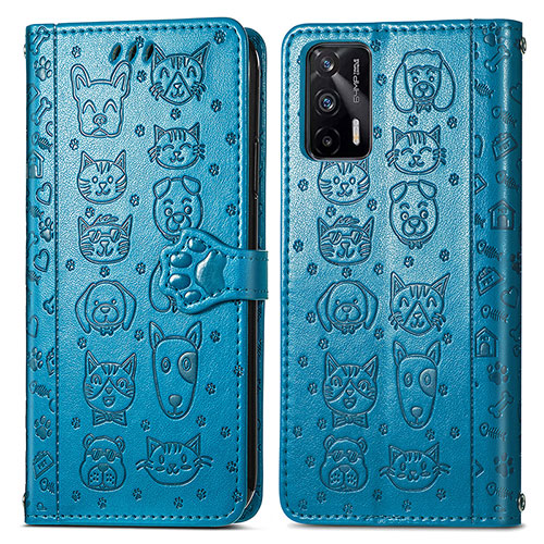 Leather Case Stands Fashionable Pattern Flip Cover Holder S03D for Realme GT 5G Blue