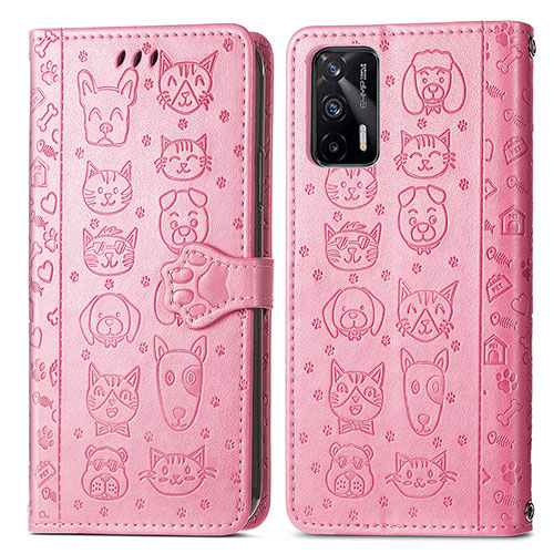 Leather Case Stands Fashionable Pattern Flip Cover Holder S03D for Realme GT 5G Pink