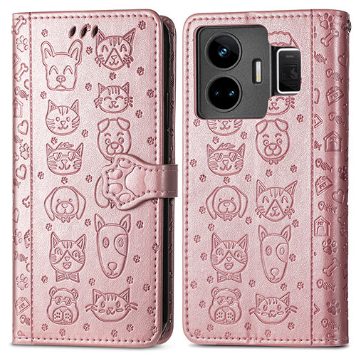 Leather Case Stands Fashionable Pattern Flip Cover Holder S03D for Realme GT3 5G Rose Gold