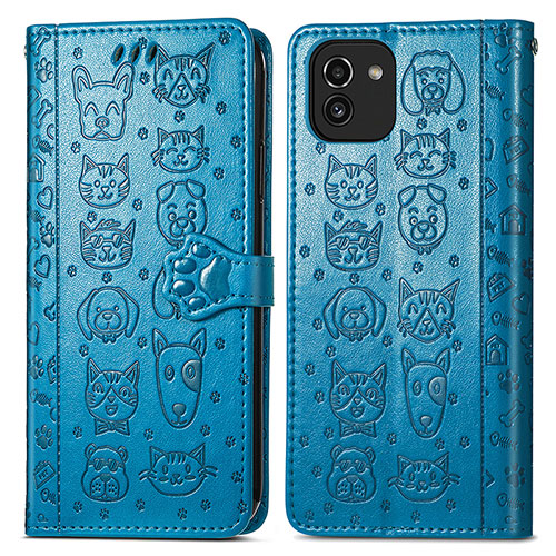 Leather Case Stands Fashionable Pattern Flip Cover Holder S03D for Samsung Galaxy A03 Blue