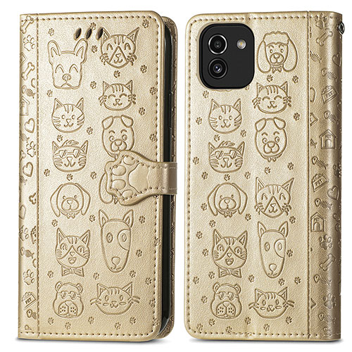 Leather Case Stands Fashionable Pattern Flip Cover Holder S03D for Samsung Galaxy A03 Gold