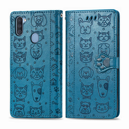 Leather Case Stands Fashionable Pattern Flip Cover Holder S03D for Samsung Galaxy A11 Blue