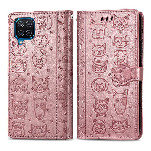 Leather Case Stands Fashionable Pattern Flip Cover Holder S03D for Samsung Galaxy A12 5G Rose Gold