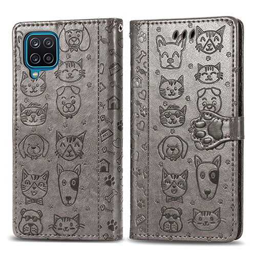 Leather Case Stands Fashionable Pattern Flip Cover Holder S03D for Samsung Galaxy A12 Nacho Gray