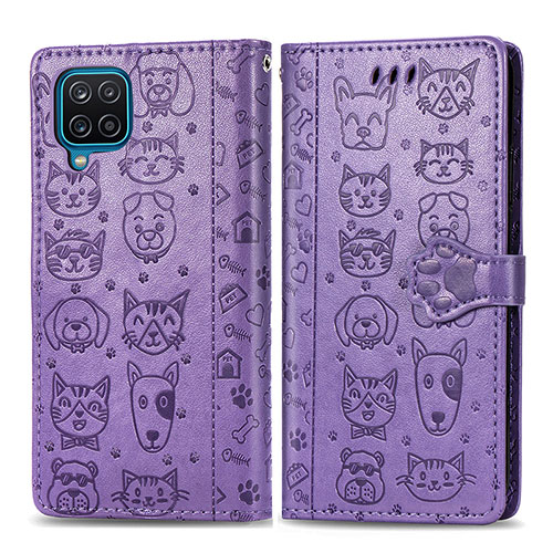 Leather Case Stands Fashionable Pattern Flip Cover Holder S03D for Samsung Galaxy A12 Purple