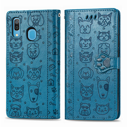 Leather Case Stands Fashionable Pattern Flip Cover Holder S03D for Samsung Galaxy A20 Blue