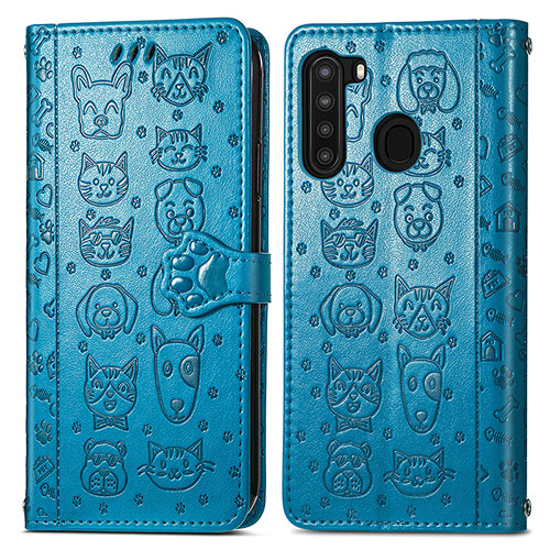 Leather Case Stands Fashionable Pattern Flip Cover Holder S03D for Samsung Galaxy A21 Blue