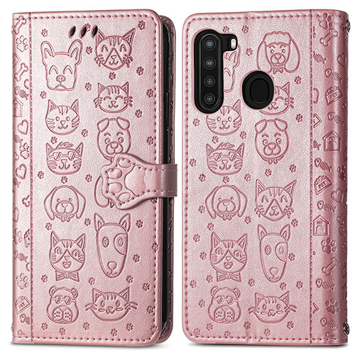 Leather Case Stands Fashionable Pattern Flip Cover Holder S03D for Samsung Galaxy A21 Pink