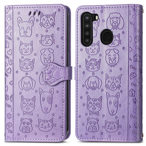 Leather Case Stands Fashionable Pattern Flip Cover Holder S03D for Samsung Galaxy A21 Purple