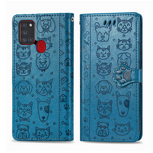 Leather Case Stands Fashionable Pattern Flip Cover Holder S03D for Samsung Galaxy A21s Blue