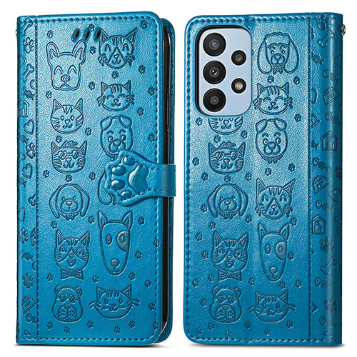 Leather Case Stands Fashionable Pattern Flip Cover Holder S03D for Samsung Galaxy A23 5G Blue