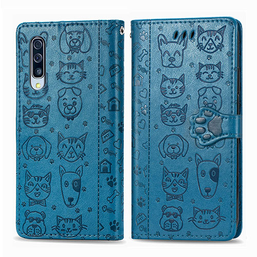 Leather Case Stands Fashionable Pattern Flip Cover Holder S03D for Samsung Galaxy A30S Blue