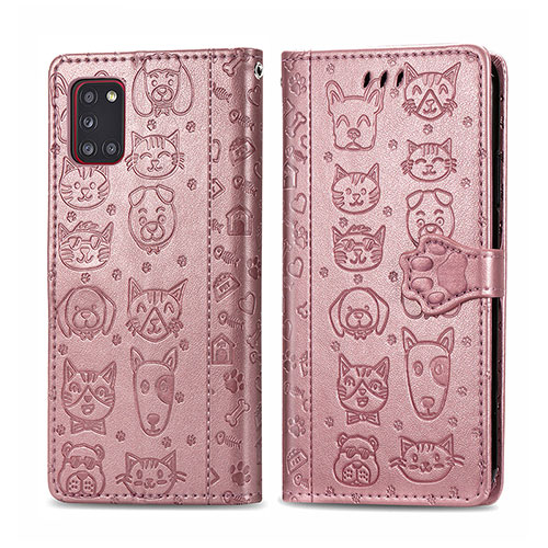 Leather Case Stands Fashionable Pattern Flip Cover Holder S03D for Samsung Galaxy A31 Pink