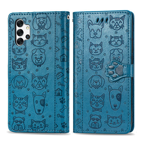 Leather Case Stands Fashionable Pattern Flip Cover Holder S03D for Samsung Galaxy A32 4G Blue