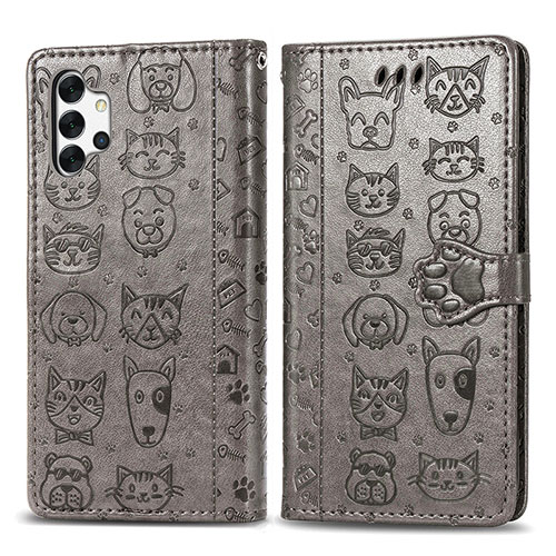 Leather Case Stands Fashionable Pattern Flip Cover Holder S03D for Samsung Galaxy A32 5G Gray